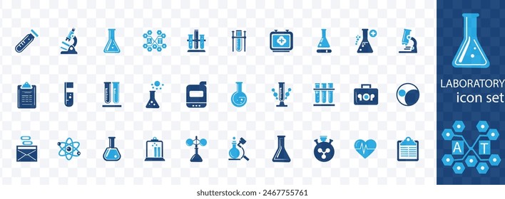 Conjunto de iconos de laboratorio. Conteniendo experimento, tubo de prueba, microscopio, matraz, químico, biología, investigación, laboratorio y más