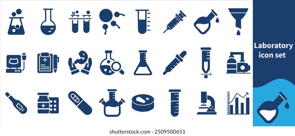 Conjunto de iconos de laboratorio. Contiene experimento, tubo de ensayo, microscopio, matraz, química, biología, investigación, laboratorio y más. Colección de iconos de vectores sólidos.