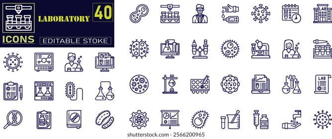 Laboratory icon set. Containing experiment, test tube, microscope, flask, chemical, biology, research icons .