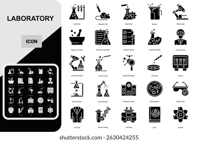 Conjunto de iconos de laboratorio. Contiene el experimento, el vaso de precipitados, el tubo de ensayo, el microscopio, el quemador, el matraz, la sustancia química, la biología, la investigación, el laboratorio y más 