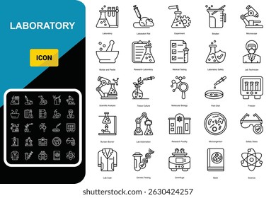 Conjunto de iconos de laboratorio. Contiene el experimento, el vaso de precipitados, el tubo de ensayo, el microscopio, el quemador, el matraz, la sustancia química, la biología, la investigación, el laboratorio y más 
