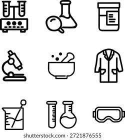 Conjunto de iconos de laboratorio. Contiene experimento, ciencia, tubo de ensayo, microscopio, matraz, química, biología, investigación, laboratorio, técnico y más. Iconos de línea editables. Ilustración vectorial.