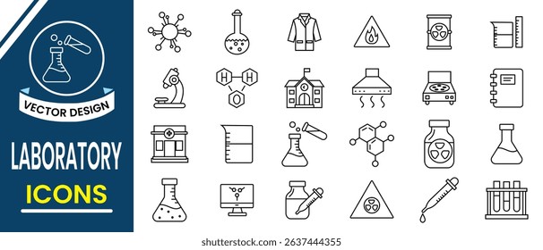 Laboratory icon set design. Collection of laboratory line editable icons such as test tube, microscope, flask, research,  research, chemical, biology lab and more. Vector illustration. 