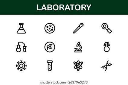Laboratory Icon Set Featuring Scientific Equipment, Test Tubes, Microscopes, and Chemical Symbols