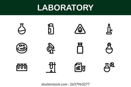 Laboratory Icon Set Featuring Scientific Equipment, Test Tubes, Microscopes, and Chemical Symbols