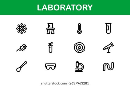 Laboratory Icon Set Featuring Scientific Equipment, Test Tubes, Microscopes, and Chemical Symbols