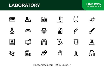 Laboratory Icon Set Featuring Scientific Equipment, Test Tubes, Microscopes, and Chemical Symbols