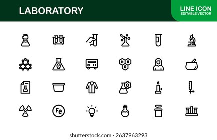 Laboratory Icon Set Featuring Scientific Equipment, Test Tubes, Microscopes, and Chemical Symbols