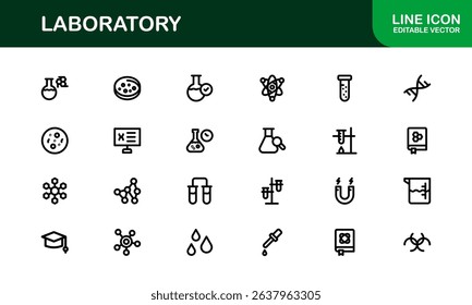 Laboratory Icon Set Featuring Scientific Equipment, Test Tubes, Microscopes, and Chemical Symbols