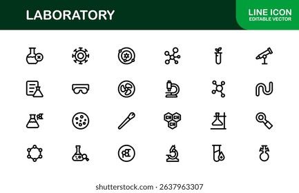 Laboratory Icon Set Featuring Scientific Equipment, Test Tubes, Microscopes, and Chemical Symbols