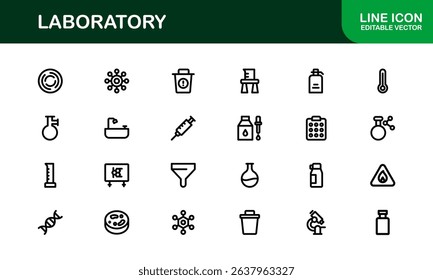 Laboratory Icon Set Featuring Scientific Equipment, Test Tubes, Microscopes, and Chemical Symbols