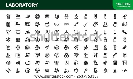Laboratory Icon Set Featuring Scientific Equipment, Test Tubes, Microscopes, and Chemical Symbols