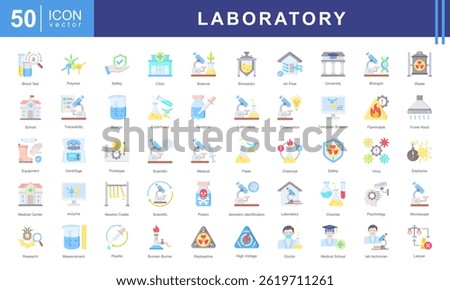 Laboratory icon set of lab, university, microscope, hospital, school, medical, innovation, safety, clinic, physics, scientific, cell, poison, experiment, equipment, crime, beaker, chemist, flammable.