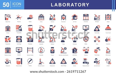 Laboratory icon set of lab, university, microscope, hospital, school, medical, innovation, safety, clinic, physics, scientific, cell, poison, experiment, equipment, crime, beaker, chemist, flammable.