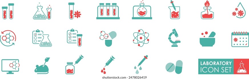 Laboratory icon set. Solid icon set, Solid icon style Contains microscope, flask, chemical, biology, experiment, test tube, research, lab, and more.
