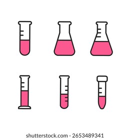 Laboratory icon set, test tube and measuring cup icons filled with red liquid, suitable for science education, chemistry, science applications, medical presentations and chemistry themes