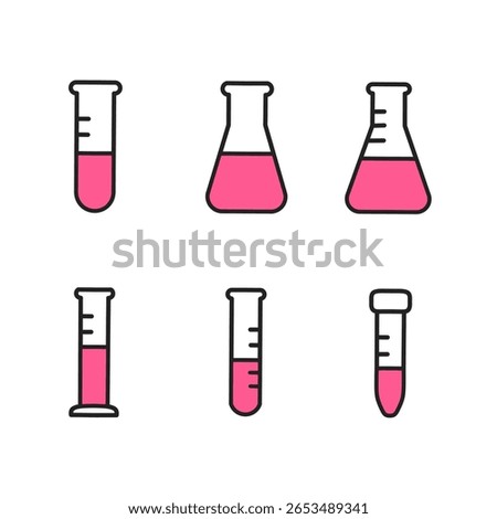 Laboratory icon set, test tube and measuring cup icons filled with red liquid, suitable for science education, chemistry, science applications, medical presentations and chemistry themes
