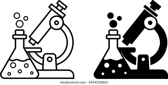 Iconos de laboratorio. Iconos vectoriales en blanco y negro. Microscopio y Matraz Químico. Investigación, análisis. Concepto de Ciencia y medicina