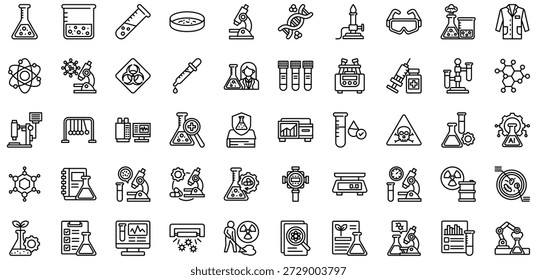 Colección de iconos de laboratorio. Ilustración vectorial. Frasco de laboratorio, tubo de ensayo, vaso de precipitados, microscopio, placa de Petri, hélice de ADN, quemador Bunsen. Vector Pro	
