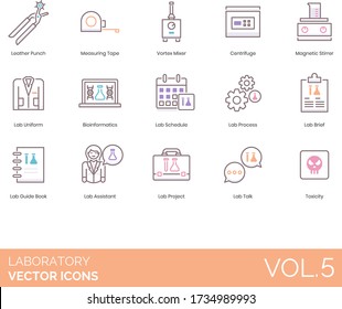 Laboratory icons including leather punch, measuring tape, vortex mixer, centrifuge, magnetic stirrer, lab uniform, bioinformatics, schedule, brief, guide book, assistant, project, talk, toxicity.