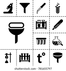 Laboratory icons. set of 13 editable filled laboratory icons such as thermometer, filter, test tube, pipette, microscope, heart test tube, test tube search