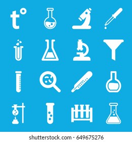 Laboratory icons set. set of 16 laboratory filled icons such as thermometer, pipette, microscope, bacteria, heart test tube, test tube, temperature