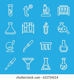 Laboratory icons set. set of 16 laboratory outline icons such as test tube, pipette, heart test tube, microscope, test tube search, filter