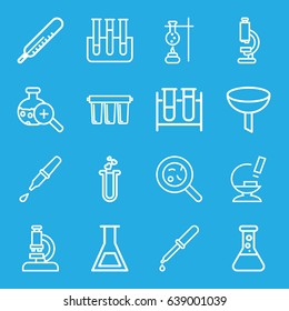 Laboratory icons set. set of 16 laboratory outline icons such as thermometer, test tube, pipette, bacteria, heart test tube, microscope, test tube search