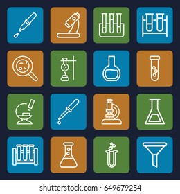 Laboratory icons set. set of 16 laboratory outline icons such as test tube, pipette, microscope, bacteria, heart test tube