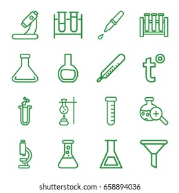 Laboratory icons set. set of 16 laboratory outline icons such as thermometer, test tube, microscope, heart test tube, pipette, test tube search, temperature