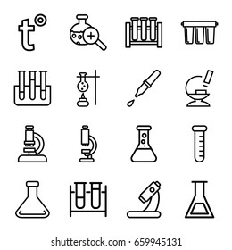 Laboratory icons set. set of 16 laboratory outline icons such as test tube, microscope, pipette, test tube search, filter