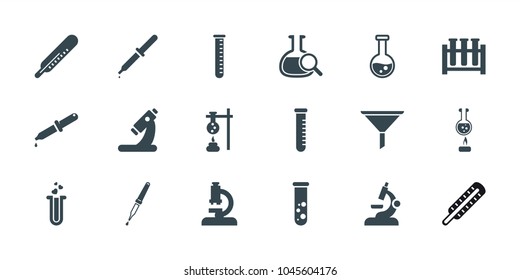 Laboratory icons. set of 18 editable filled laboratory icons: thermometer, test tube, microscope, heart test tube, pipette, filter