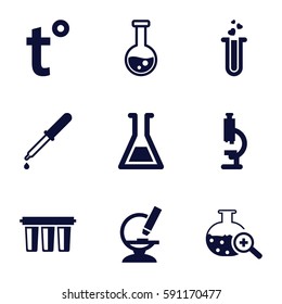laboratory icons set. Set of 9 laboratory filled icons such as pipette, heart test tube, microscope, test tube search, filter, temperature