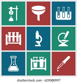 Laboratory icons set. set of 9 laboratory filled icons such as test tube, pipette, microscope