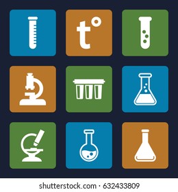 Laboratory icons set. set of 9 laboratory filled icons such as microscope, test tube, filter