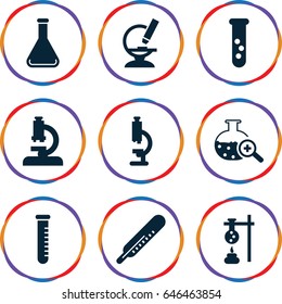 Laboratory icons set. set of 9 laboratory filled icons such as thermometer, microscope, test tube search