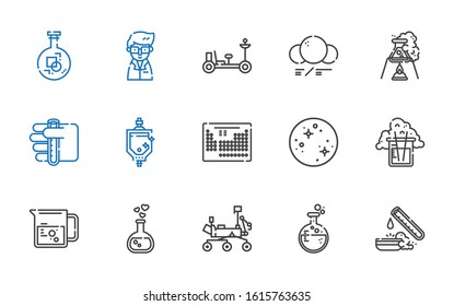 laboratory icons set. Collection of laboratory with test tube, flask, mars rover, love potion, beaker, mercury, periodic table, urinal. Editable and scalable laboratory icons.