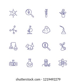 Laboratory icons. Set of line icons on white background. Scientist, organism, chemical reaction. Biotechnology concept. Vector can be used for topics like chemistry, science, microbiology