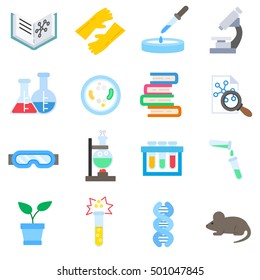 Laboratory, icons set. Science, flat symbols collection. Experiment and study of scientific phenomenon, isolated vector illustration
