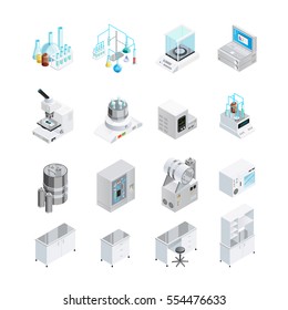 Laboratory icons set with sixteen isolated isometric images of lab tools workbenches and workplace furniture elements vector illustration