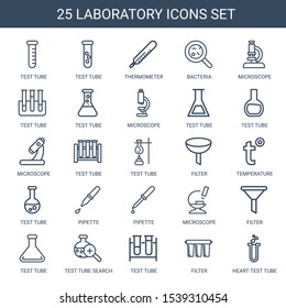 laboratory icons. Trendy 25 laboratory icons. Contain icons such as test tube, thermometer, bacteria, microscope, filter, temperature, pipette. laboratory icon for web and mobile.