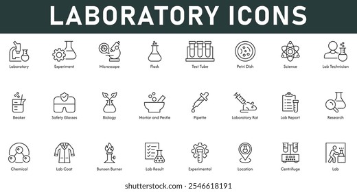 Ilustração do vetor dos ícones do laboratório com traço editável da linha fina que contém o balão do microscópio do experimento relatório da biologia do tubo do teste da ciência do tubo da pesquisa do laboratório químico beaker técnico queimador