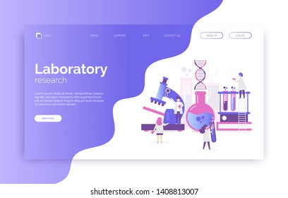 Laboratory illustration with scientists, microscope, tubes, dna, researches. Banner, background for presentation, landing page, web site, ui ux template