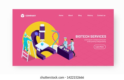 Laboratory illustration with scientists, microscope, tubes and DNA for research, Landing page design for Biotech Service layout.