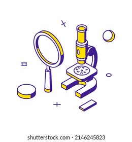 Laboratory innovation scientific educational discovery with microscope and magnifying glass 3d icon isometric vector illustration. Biology chemistry learning medicine formula development