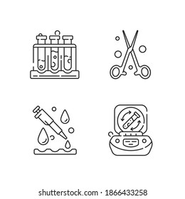 Laboratory instruments linear icons set. Holding upright multiple test tubes. Forceps, pipette. Customizable thin line contour symbols. Isolated vector outline illustrations. Editable stroke