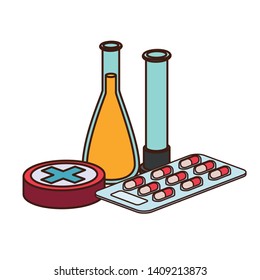 laboratory instruments with medicines in white background