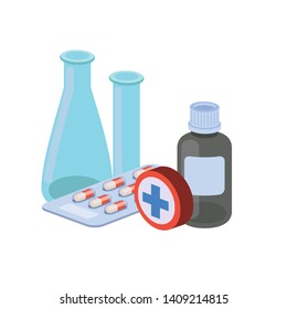 laboratory instruments with medicines in white background