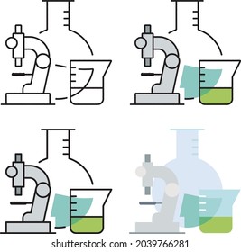Laboratory instruments microscope,  beaker and 
flask set of strokes and fill