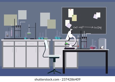 Laboratory interior with equipment vector illustration. Cartoon drawing of lab tools for experiments or scientific research, test tubes, microscope, rat in jar. Science, biology, chemistry concept